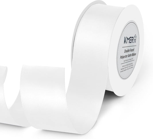 Double Face White Satin Ribbon 1-1/2 inch X 25 Yards Polyester White Ribbon for Wedding Decor, Wreath, Gift Package Wrapping and Other Projects