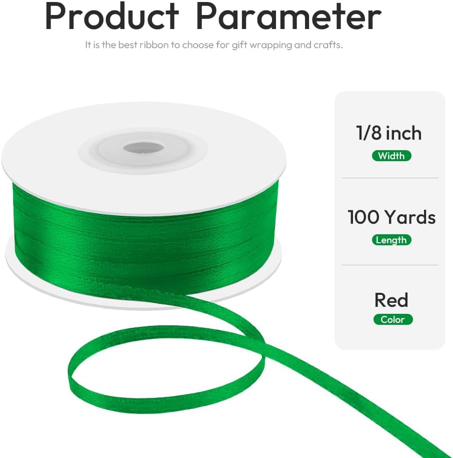 1/8" x 100 Yards Double Faced Satin Ribbon - Thin Silk Green Ribbon with Spool - Ideal for Gift Wrapping, Floral Bouquets, Crafts, Wedding Party Decorations, Christmas and Sewing Projects