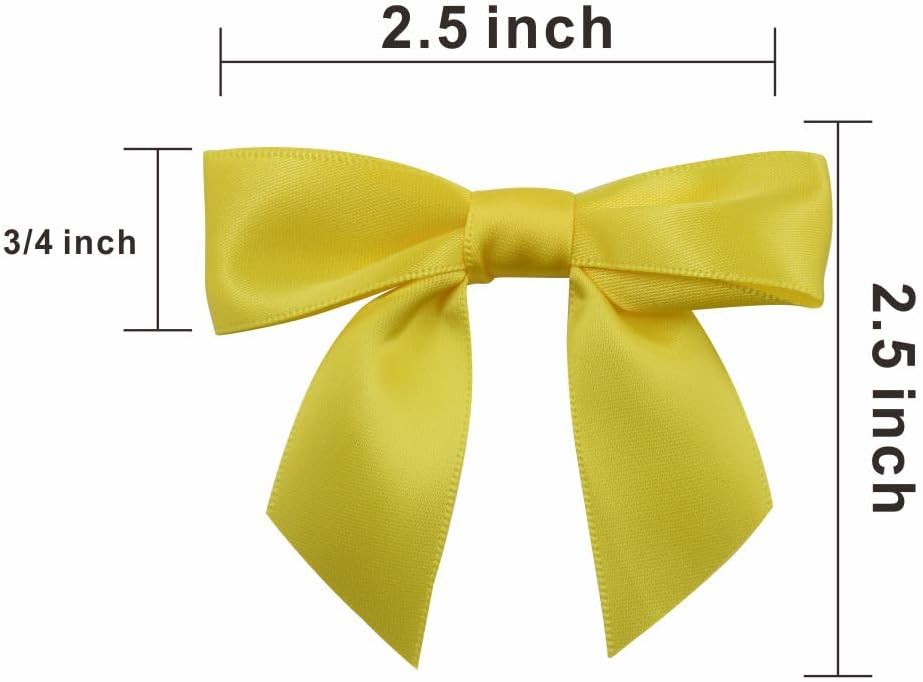2.5" Hgzgch Yellow Satin Ribbon Bow for Gift Wrapping, Premade Bows for Crafts, Cake, Party Favors, Handmade Bows with Double-Sided Tape, Self Adhesive Gift Bows for Presents, Treats - 50pcs