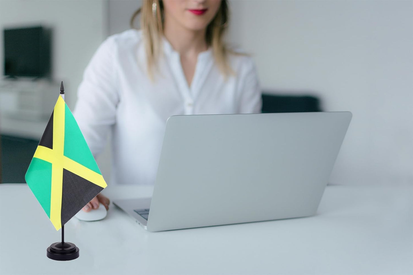 WXTWK 2 Pack Jamaica Flag Jamaica Deluxe Desk Flag Set - Mini Small Jamaican Table Office Flags with Black 12" Solid Pole Stand Base Classroom Meeting Desktop Decorations