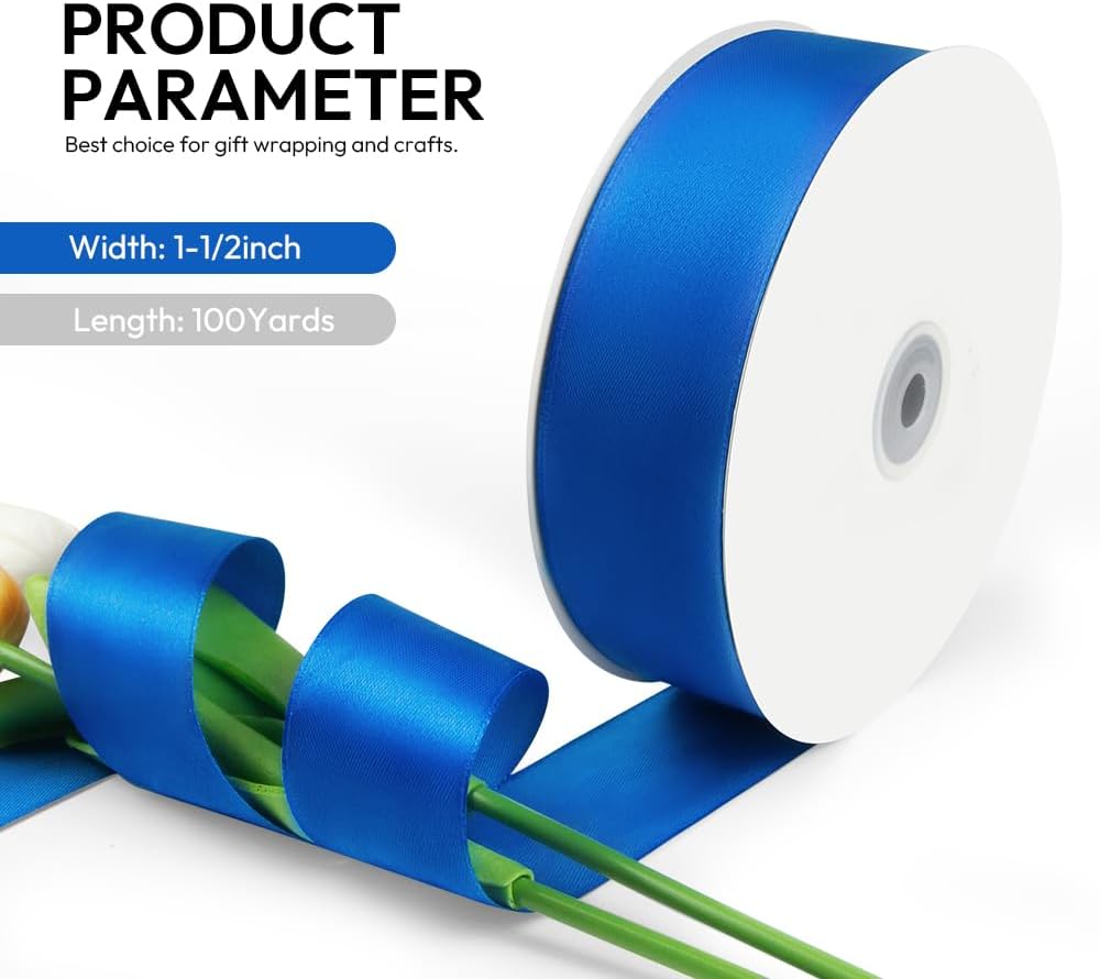 1-1/2 Inch 100 Yards Satin Ribbon Royal Blue, Solid Color Fabric Ribbon for Gift Wrapping, Wedding, Polyester Gift Ribbon for Birthday Party Decoration, Craft, Hair, Floral, Sewing