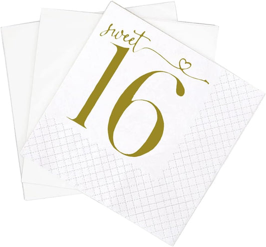 SharkBliss Sweet 16 Happy Birthday Cocktail Napkins, 100 Pack Gold Sweet 16 Happy Birthday Paper Cocktail Beverage Napkins in Bulk for His Her Sixteen 16th Birthday | 2-Ply, 5x5" (Sweet 16 Napkins)