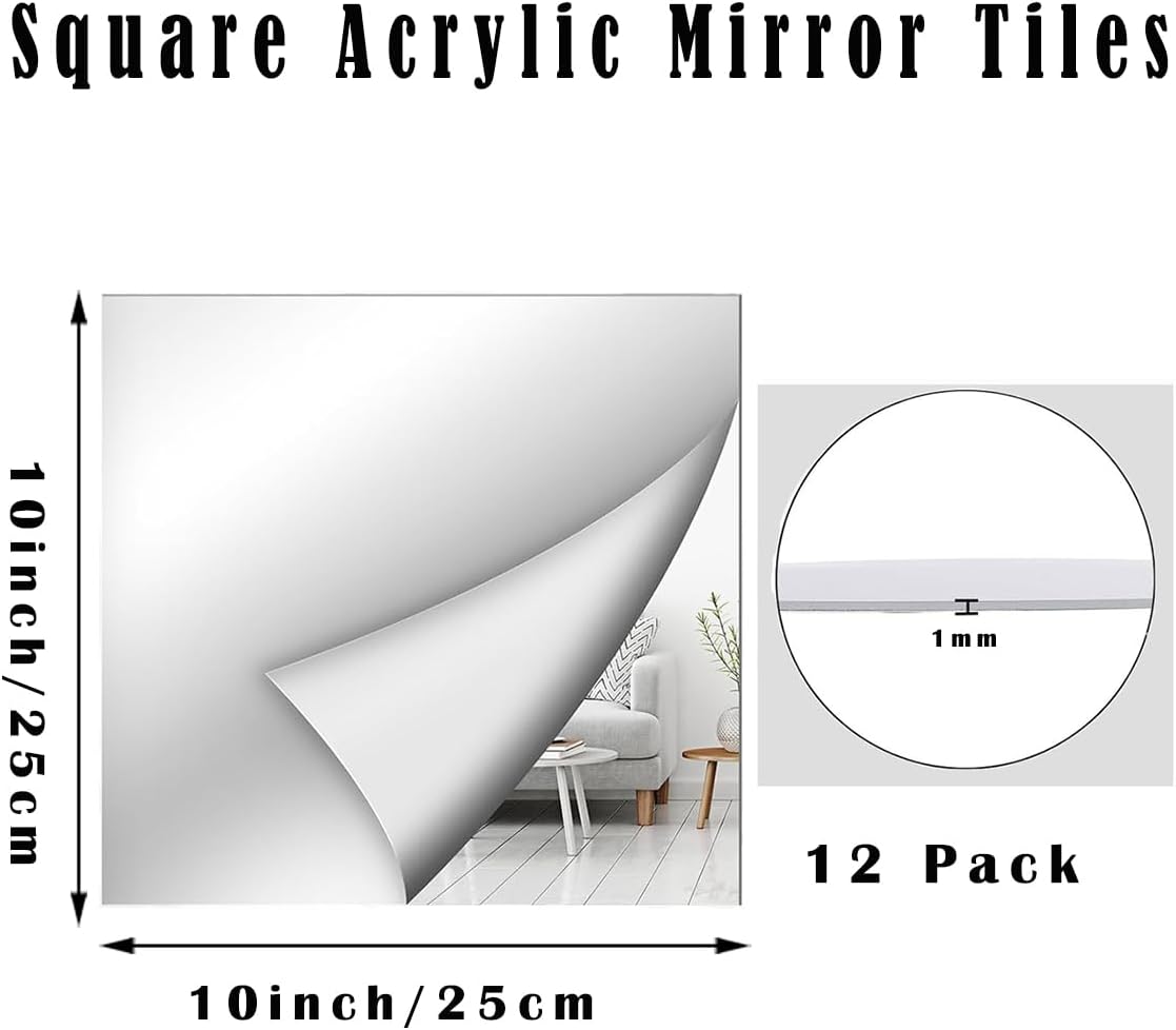 12 Pack Square Mirrors for Centerpieces, 10 x 10 Inch Acrylic Mirror Tray Candle Plates Wall Mounted Mirror Tiles Bulk for Wedding Christmas Table Centerpieces, Wall Decor, Crafts