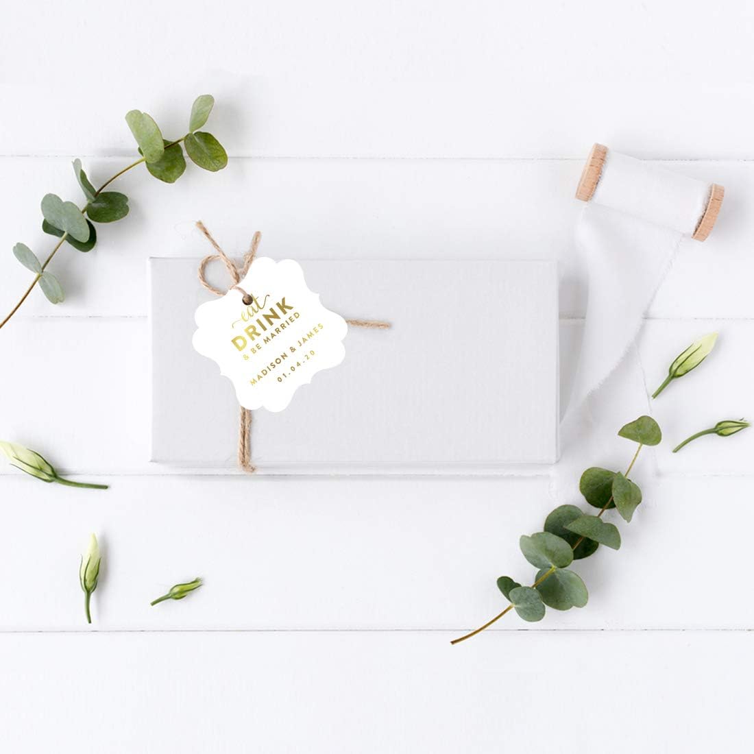 Andaz Press Personalized Fancy Frame Square Wedding Gift Tags, Metallic Gold Ink, Eat Drink and Be Married, 24-Pack, Custom Made Any Name