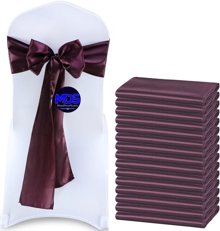 MDS Pack of 125 PCS Satin Chair Sashes Charmeuse Sateen Dining Chair Bows Ribbon Ties Back Sash for Wedding Party Birthday Home Hotel Restaurant Banquet Decoration (7 x 108 Inch, Plum)