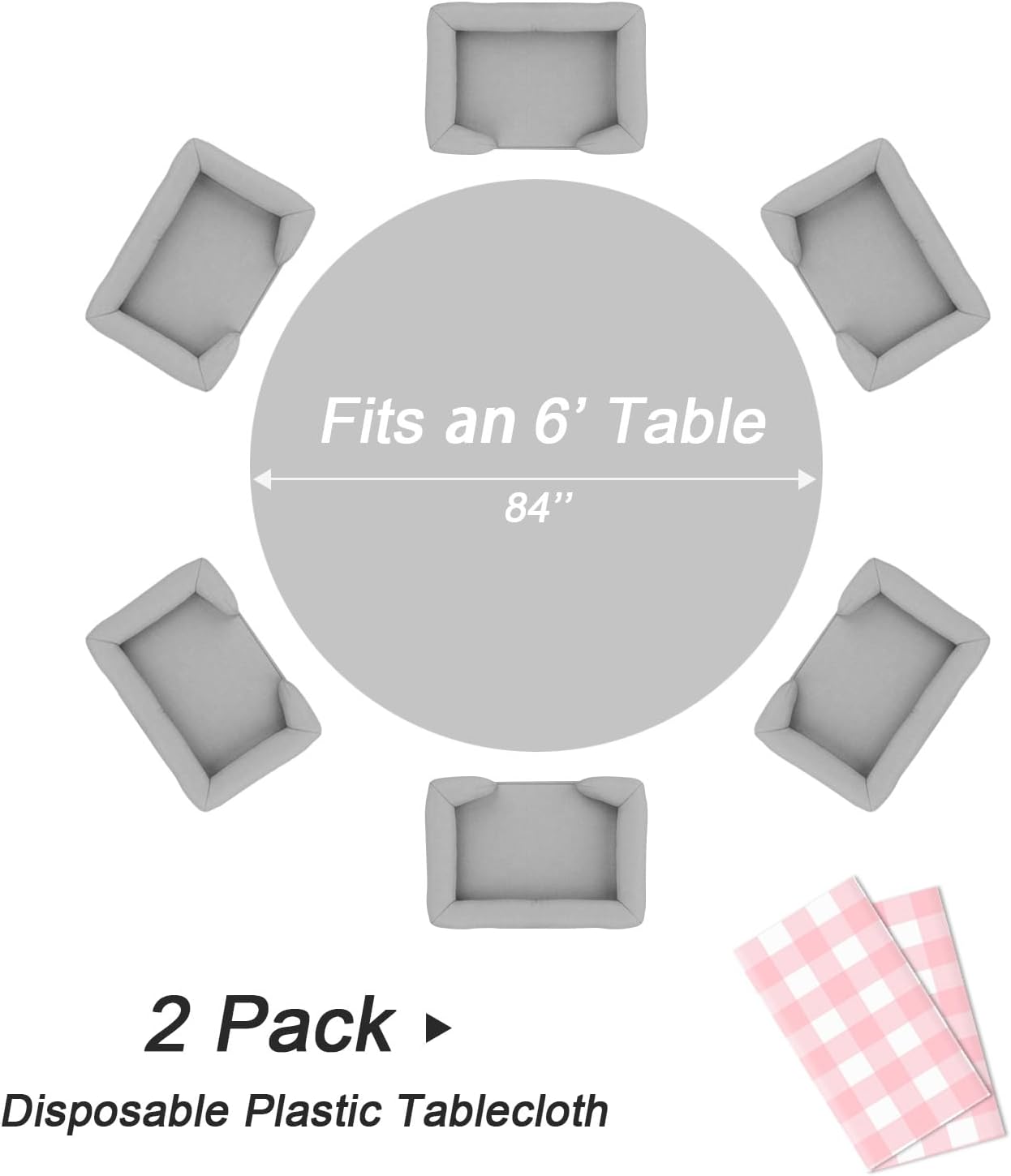 QIKSION Pink Gingham Round Tablecloth 2 Pack, 84 Inch Plastic Checkered Table Cover Disposable for Parties
