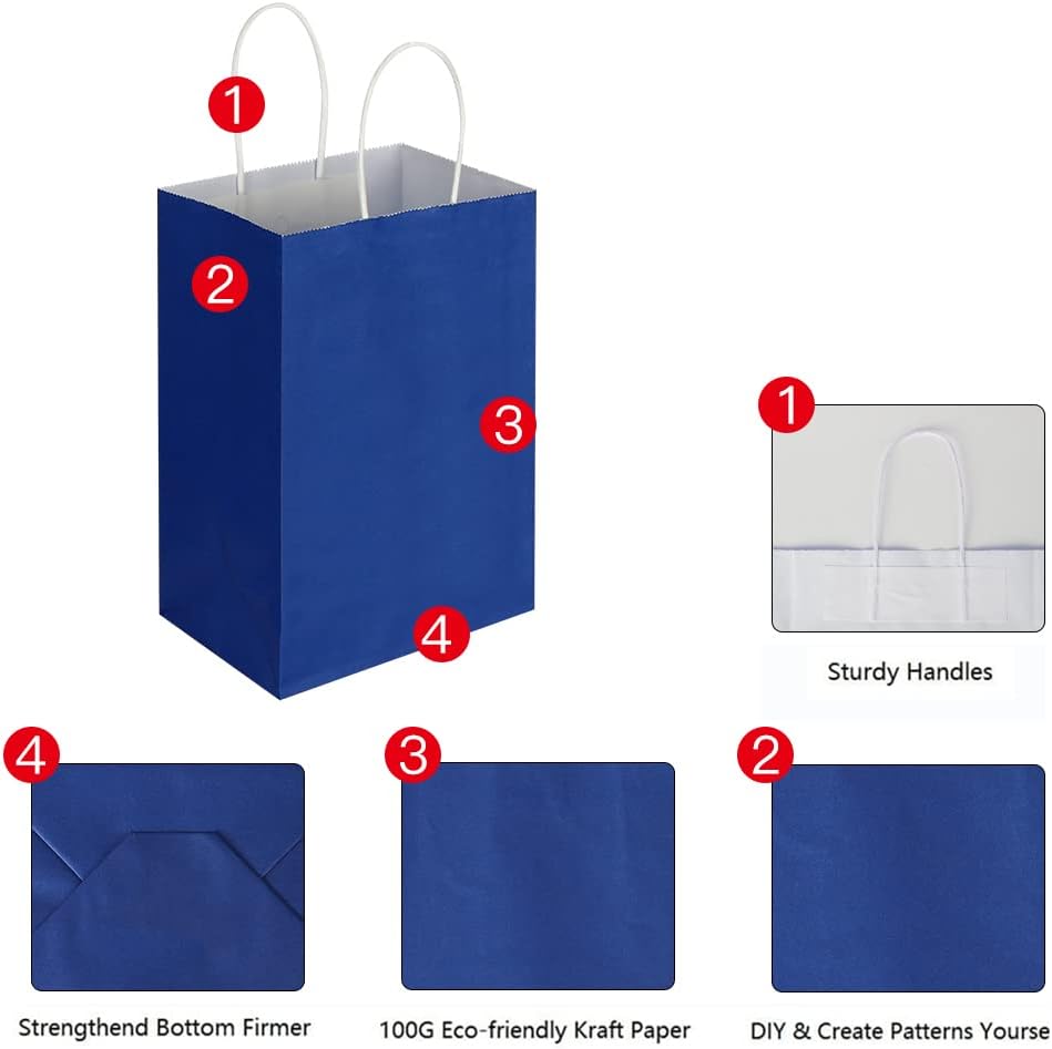 Oikss 50 Pack 5.25x3.25x8.25 Inch Small Royal Blue Kraft Paper Bags with Handles Bulk for Birthday Wedding Party Favors Grocery Retail Shopping Business Goody Craft Gift Bags Cub Sacks, 50 Count