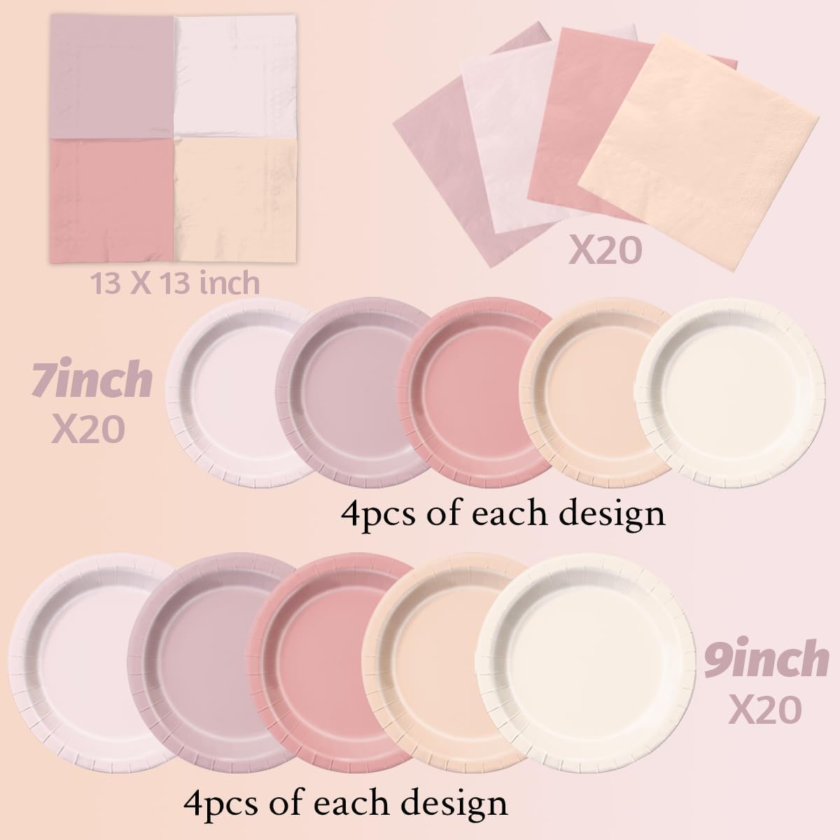 CMUSKO Pink Birthday Decorations - 60pcs Retro Dusty Pink Plates & Napkins Kit Boho Theme Tableware for Baby Shower,Wedding, Bridal Shower
