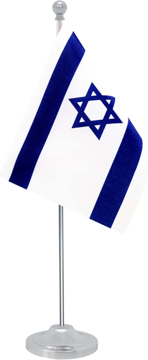 Israel Desk Flag, Israeli Table Office Flag with Metal Pole and Stand Base, International Country Flags, Festival Event Celebration, Classroom Meeting Desktop Decor (Israel)