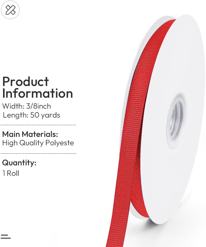 3/8" X 50 Yards Red Grosgrain Ribbon, Premium Grosgrain Ribbon for Sewing, Gift Wrapping, Bow Making, Wedding Decor, Wrapping and More (Red)