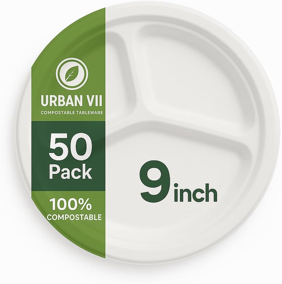 9-Inch Compostable Paper Plates [50-Pack] – Heavy-Duty Disposable Plates Made from Bagasse (Sugarcane Fiber), Eco-Friendly Biodegradable Dinnerware, Microwave-Safe & Leak-Proof