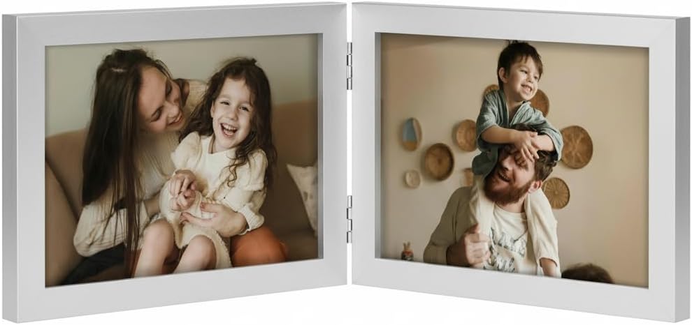 decorUhome Double 7x5 Picture Frame Horizontal, Engineered Wood Bifold Photo Frame with Plexiglass for Tabletop Display, 7x5, Silver