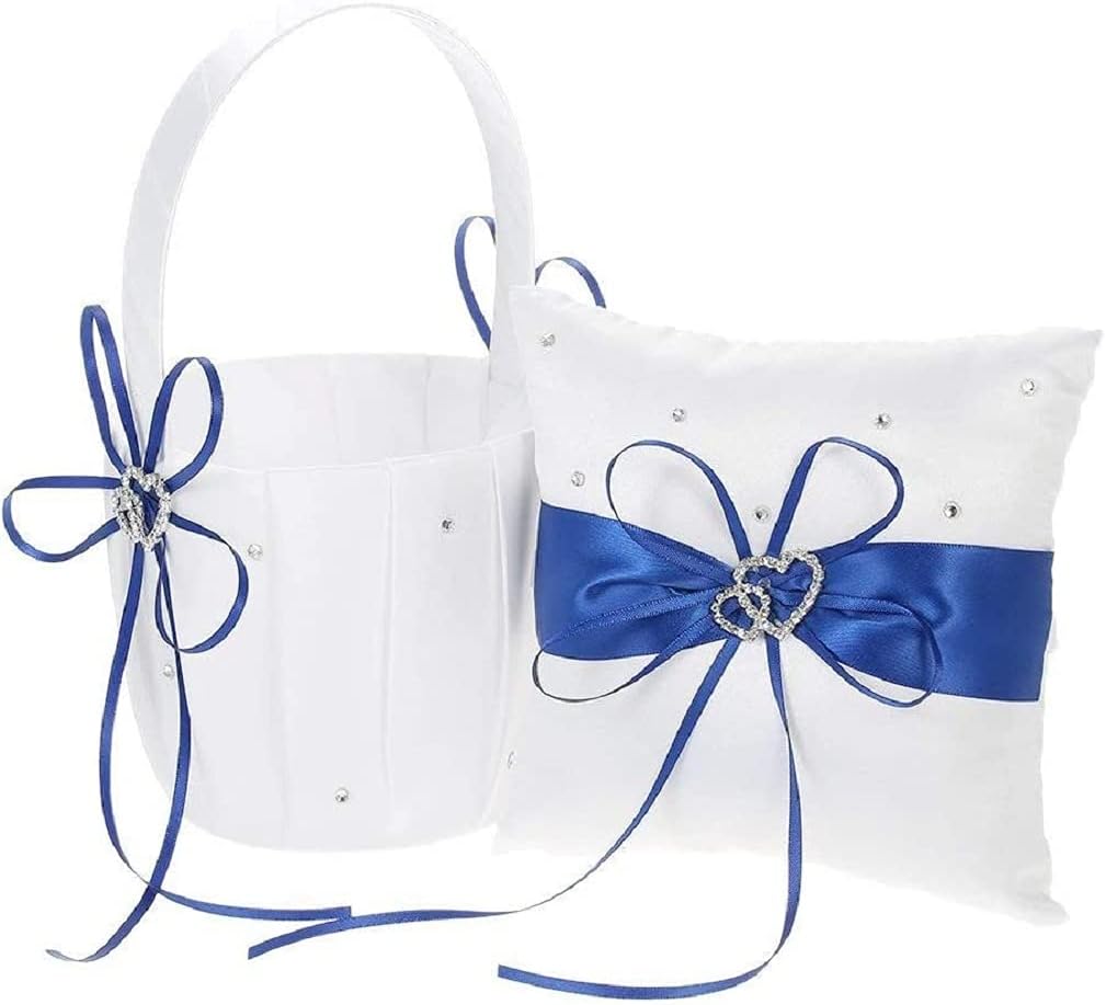 The Crafty Owl 2 Heart Rhinestones Ivory/White/Blue Trimming/Red Trimming Satin Large Wedding Ring Bearer Pillow and Basket Set (White with Blue Trimming)