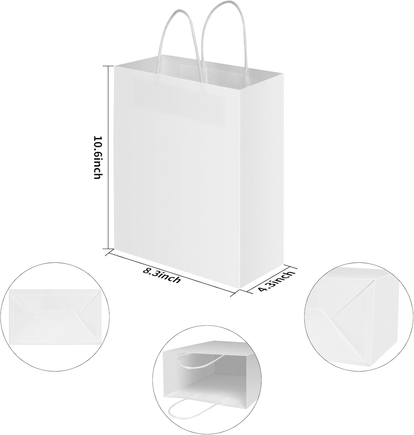 Bekoetoz 40 PCS White Kraft Paper Bags With Handles 10.6x8.3x4.3 Inch Bulk Gift Bags For Birthdays,Weddings,Baby Showers,Party Favor,Goodie Bags,Retail bag(Medium,White)