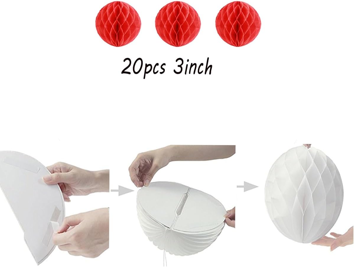 20pcs Honeycomb Decoration - Paper Flower Balls, Tissue Pom Poms for Birthday Wedding Home Decor (3inch, Red)