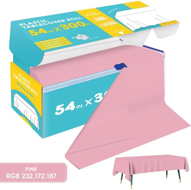 Pink Plastic Table Cover Roll - 54IN x 300FT, Table Cloth for Rectangle Table with Slide Cutter, Plastic Table Cloth Disposable with Cut-to-Size Design for Weddings, Banquets, Parties