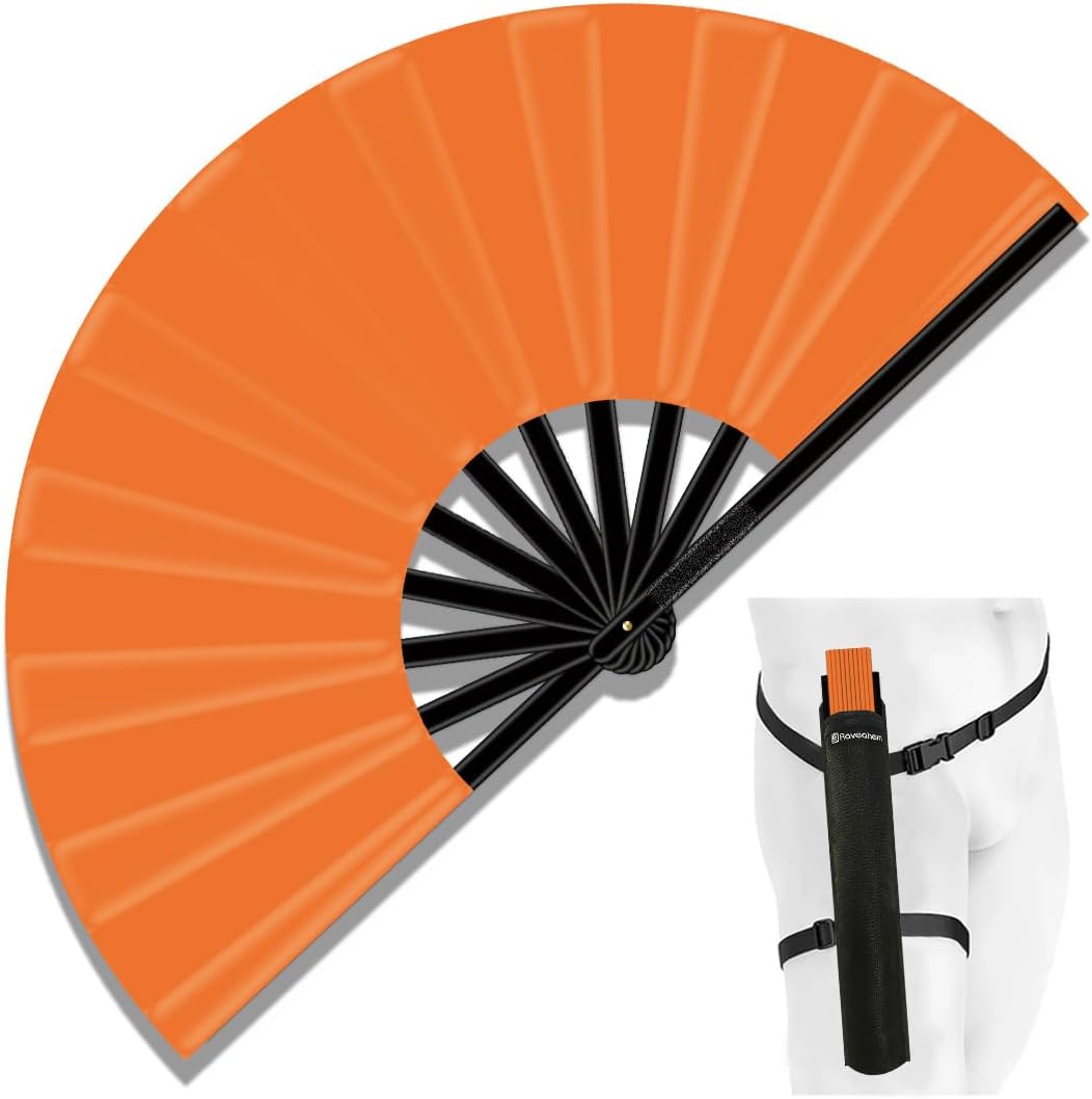 13" Large Folding Rave Fan with Holster, Clack Hand Fans Foldable for Line Dancing, Boots On The Ground Fan for Women Men Festival EDM Party Decoration, Orange
