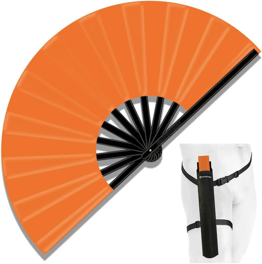 13" Large Folding Rave Fan with Holster, Clack Hand Fans Foldable for Line Dancing, Boots On The Ground Fan for Women Men Festival EDM Party Decoration, Orange