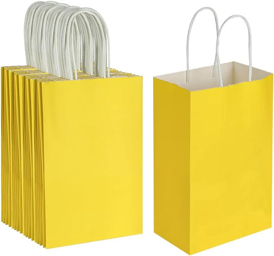 Oikss 50 Pack 5.25x3.25x8.25 Inch Small Yellow Kraft Paper Bags with Handles Bulk for Birthday Wedding Party Favors Grocery Retail Shopping Business Goody Craft Gift Bags Cub Sacks, 50 Count
