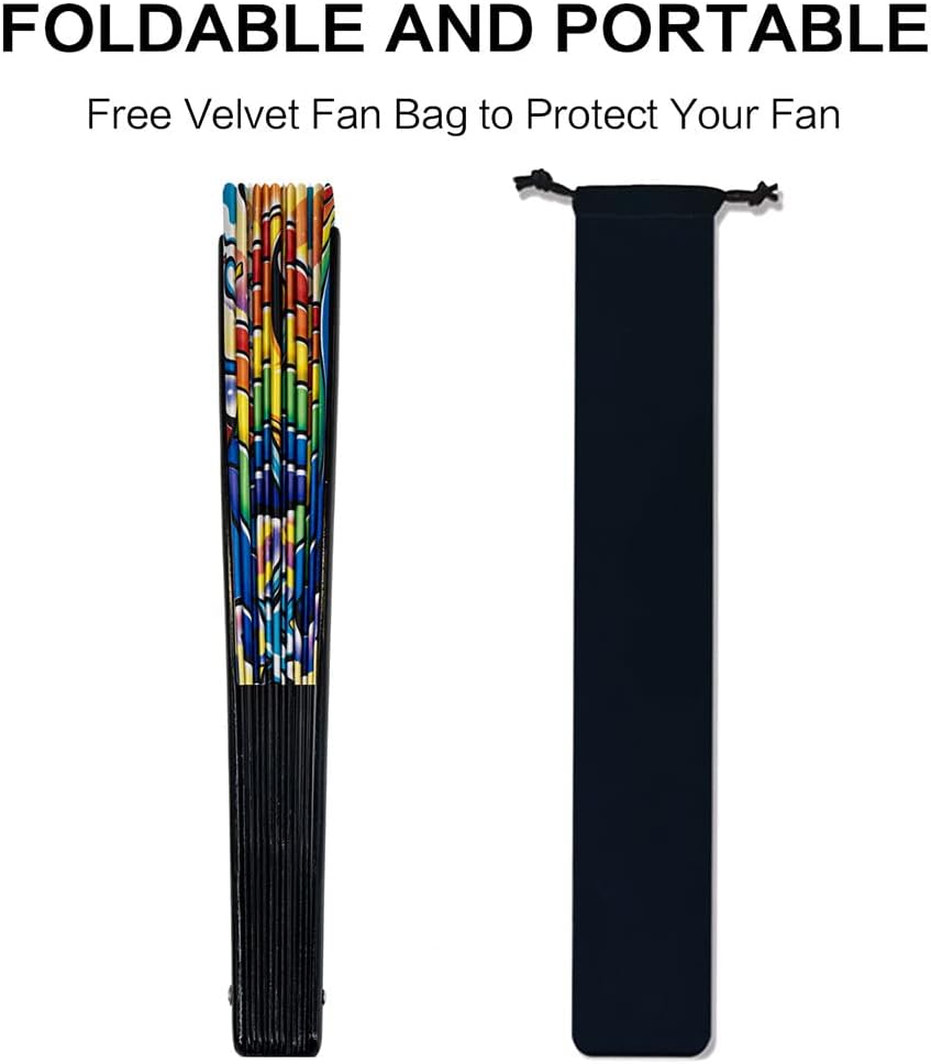 13" Large Rave Fan Bamboo, Folding Clack Hand Fans Foldable for Men Women, Boots on the Ground Poping Fan for EDM Festival Line Dance Decoration, (Rainbow, Large 13")