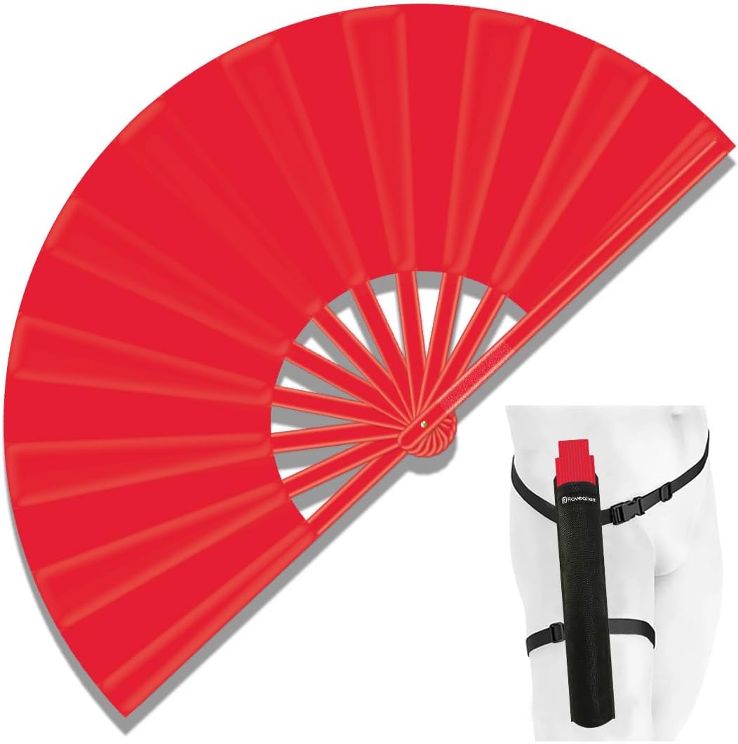 13" Large Folding Rave Fan with Holster, Clack Hand Fans Foldable for Line Dancing, Boots On The Ground Fan for Women Men Festival EDM Party Decoration, Red