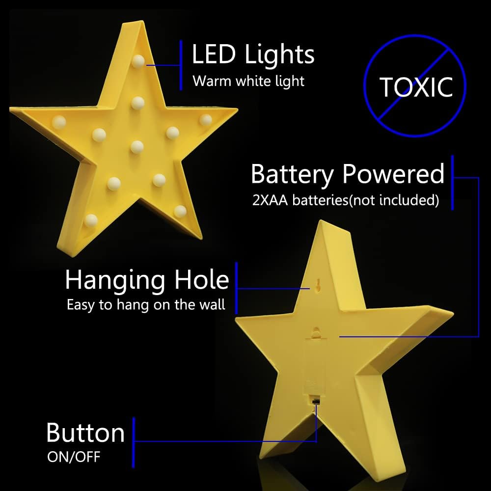 LED Marquee Star Sign Night Light, Battery Operated Star Shape Desk Table Lamp for Kids, Baby, Child, Girl Gift, Nursery Room, Wall Decor - Yellow