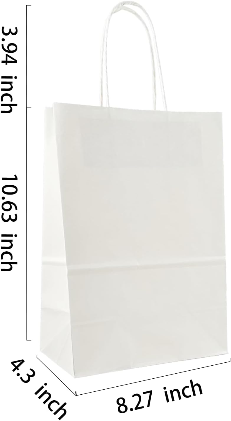 BAG BOX 100 Pack 8.25x4.3x10.6 Inch White Gift Bags with Handles,Bulk Kraft Paper Bags for Shopping, Retail, Merchandise, Wedding, Party Favors, Paper Grocery Sacks