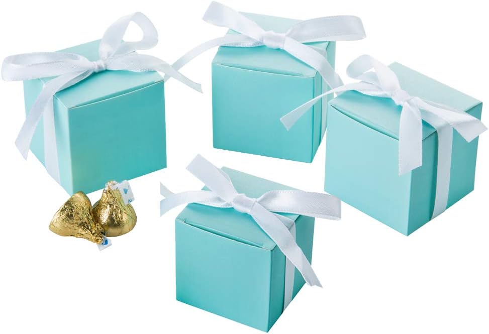 AWELL Mint Green Gift Candy Box Bulk 2x2x2 inches with White Ribbon Party Favor Box,Pack of 50
