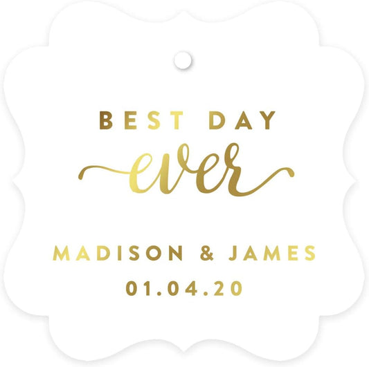 Andaz Press Personalized Fancy Frame Square Wedding Gift Tags, Metallic Gold Ink, Best Day Ever, 24-Pack, Custom Made Any Name, Gold Decor Decorations