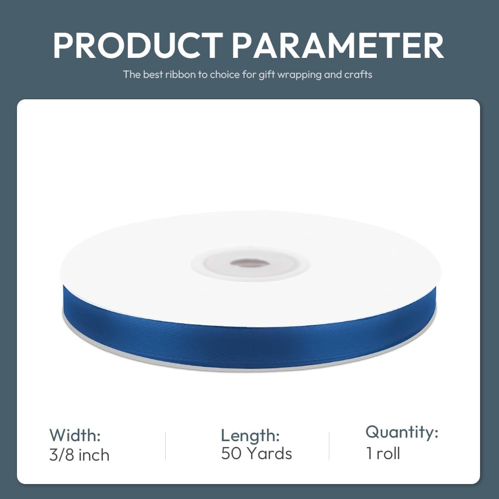 KMER LIFE 3/8" Wide x 50 Yards Navy Blue Single Faced Polyester Satin Ribbon, Navy Blue Satin Ribbon Perfect for Wedding Decor, Wreath, Crafts, Gift Wrapping & Other Projects (Navy Blue)