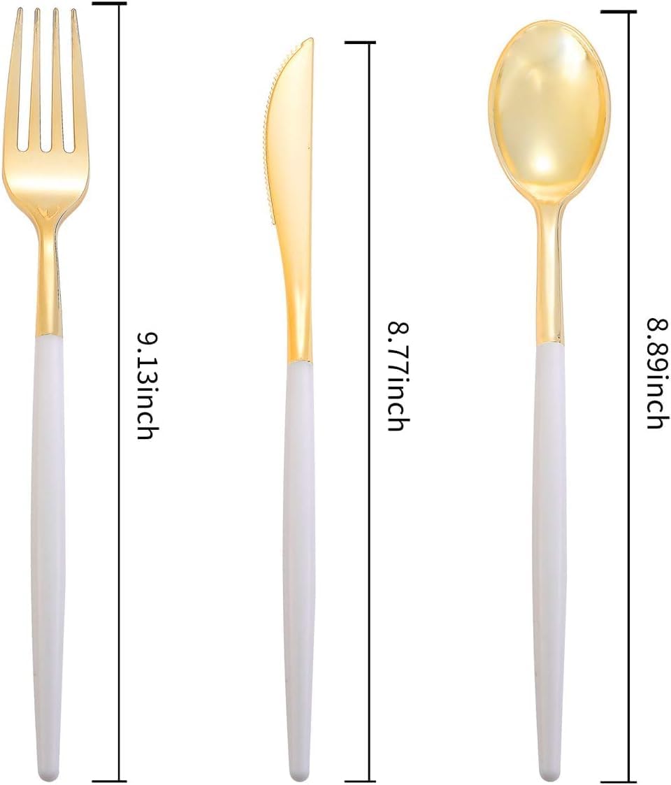 I00000 144Pcs Gold Plastic Silverware, Gold Plastic Utensils Set,Disposable Utensils Heavy Duty,Disposable Silverware Set Includes 48 Forks,48 Knives,48 Spoons for Party & Wedding