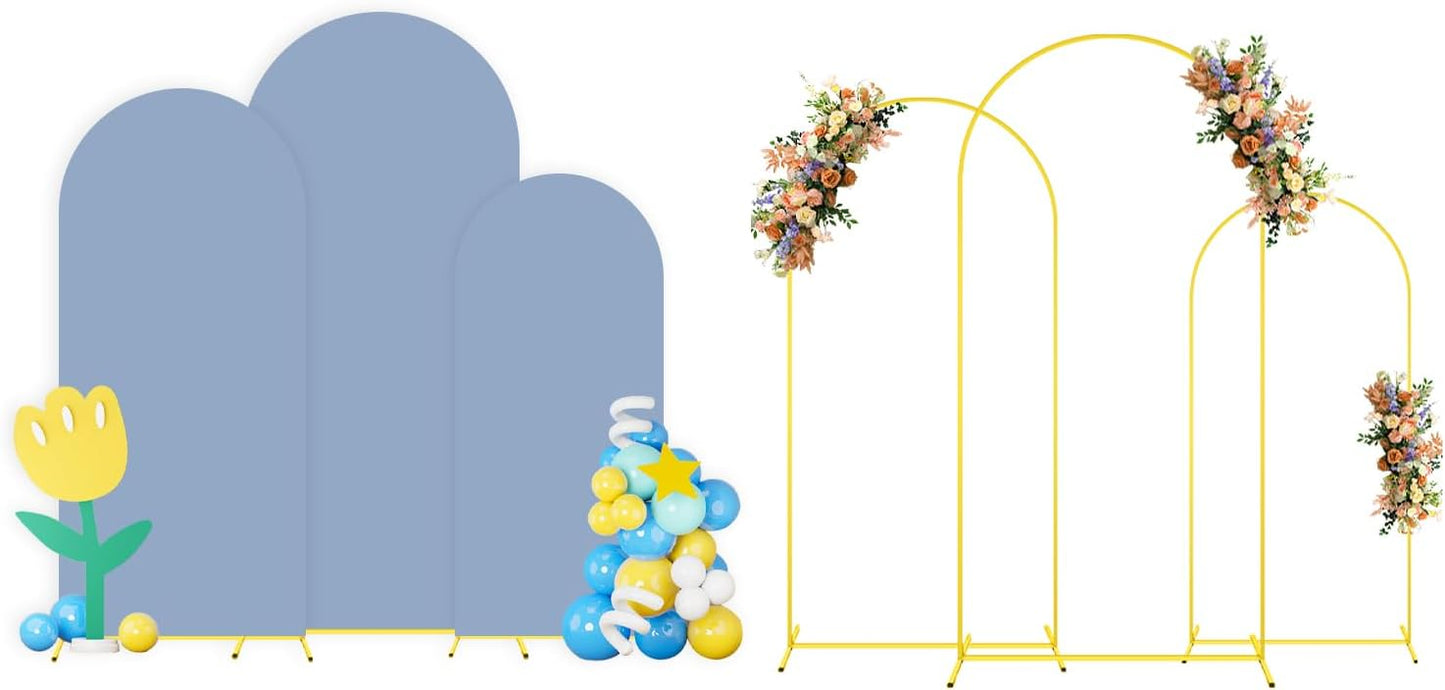 Arch Backdrop Stand and Cover Set of 3 6FT 6.6FT 7.2FT Dusty Blue Spandex Arch Backdrop Covers Set Metal Arch Frame Stand Balloon Arched Covers for Birthday Party Wedding Ceremony Reception