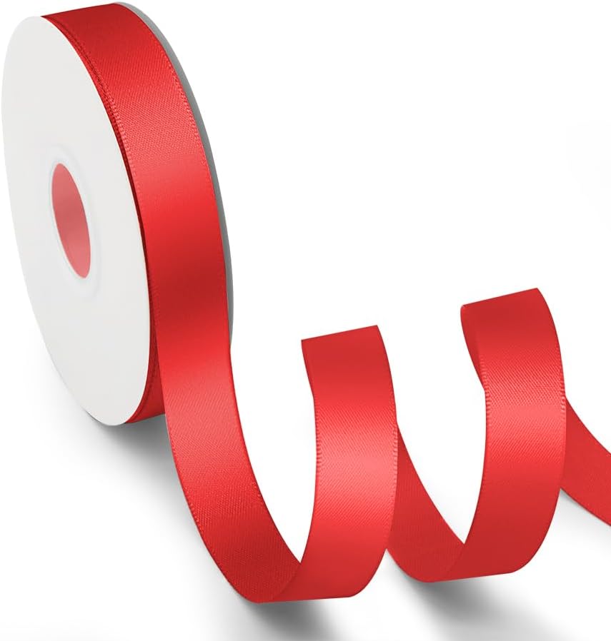 KMER LIFE 5/8 inch x 25 Yards Double Faced Polyester Red Satin Ribbon, Perfect for Gift Wrapping Very Suitable for Weddings Party Hair Bow Invitation Decorations and More