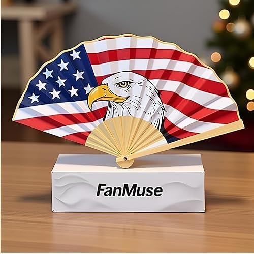 Bamboo & Paper Folding Hand Fan – Chinese Craft with Patriotic Bald Eagle American Art Design, Decorative Handheld Fan with Elegant Gift Box for Wedding, Party, Travel & Home Décor