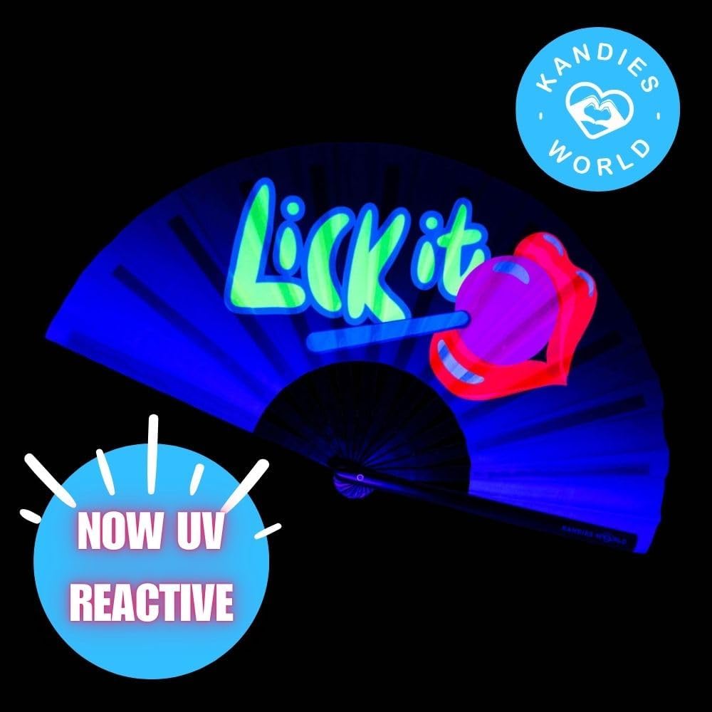 Kandies World UV Reactive Custom Festival Folding Hand Fan - Unique Designs, Made of Bamboo, Clacking Sound, Lightweight - Perfect Rave and Festival Accessory!