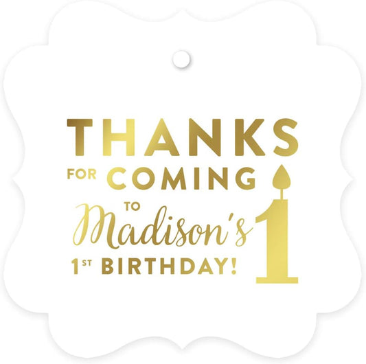 Andaz Press Personalized Fancy Frame Square Birthday Gift Tags, Metallic Gold Ink, Thanks for Coming to My 1st Birthday, 24-Pack, Custom Made Name