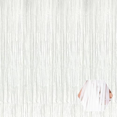 3 Pack Macaron White Foil Fringe Curtain Backdrop, 3.28Ft x 8.2Ft Metallic Tinsel Foil Fringe Streamer Curtains for Photo Booth, Christmas Day, Thanksgiving, Wedding, New Year Party Decorations