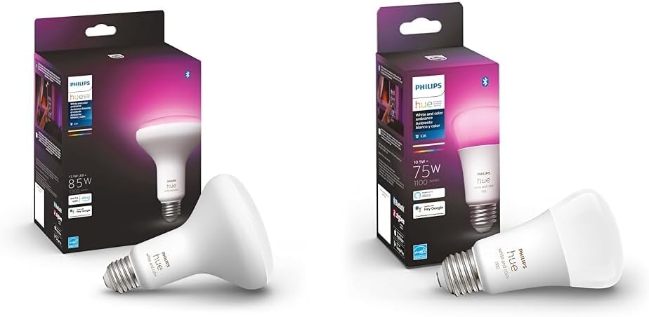 Philips Hue White and Color Ambiance BR30 1-Pack Bluetooth & Hue Smart 75W A19 Bulb 1 Pack 1100LM White and Color