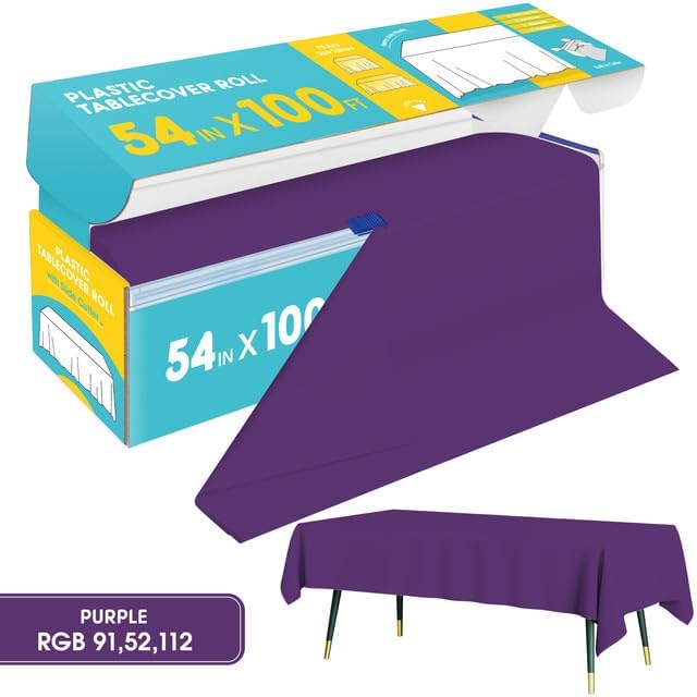 Purple Plastic Table Cover Roll - 54IN x 100FT, Table Cloth for Rectangle Table with Slide Cutter, Plastic Table Cloth Disposable with Cut-to-Size Design for Weddings, Banquets, Parties