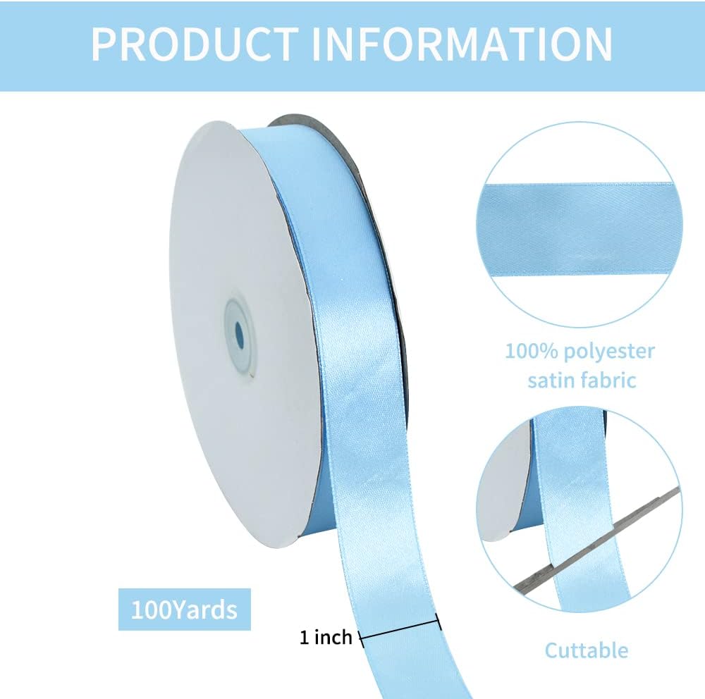 TONIFUL 1 Inch x 100yds Sky Blue Satin Ribbon, Thin Solid Color Satin Ribbon for Gift Wrapping, Crafts, Hair Bows Making, Wedding Party Decoration, Invitation Cards, Floral Bouquets