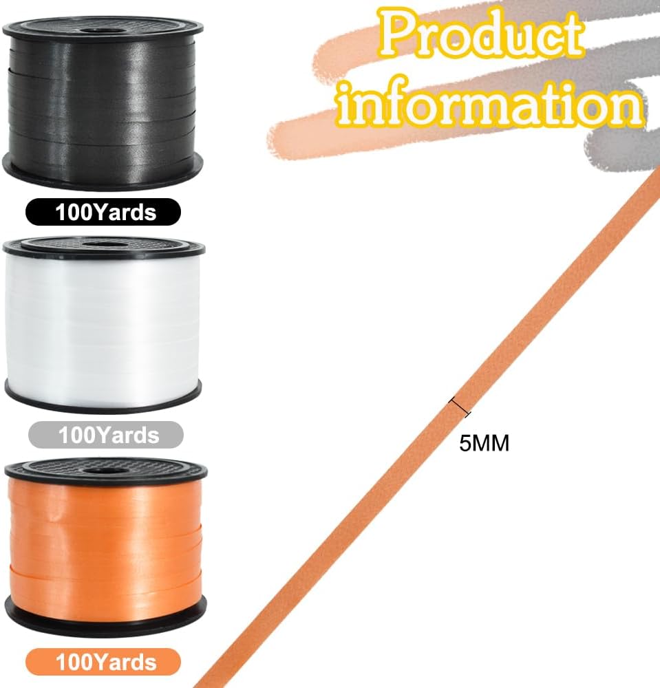 BEISHIDA 3 Pack 100 Yards Black White Orange Curling Crimped Thin Curly Ribbon Balloon String Gift Wrapping Ribbon Birthday Party Halloween Art Craft Decor Decoration