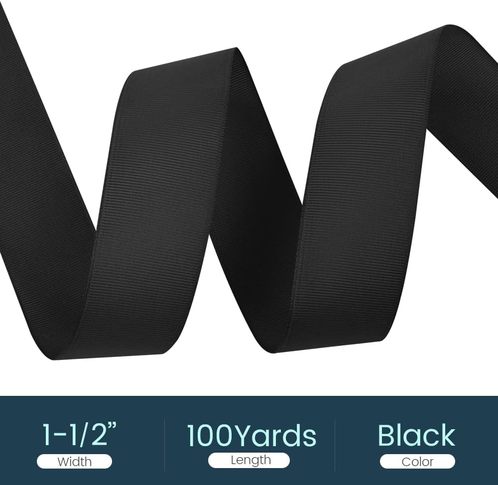 1-1/2" X 100 Yards Black Grosgrain Ribbon, Premium Grosgrain Ribbon for Sewing, Gift Wrapping, Bow Making, Wedding Decor, Wrapping and More (Black)