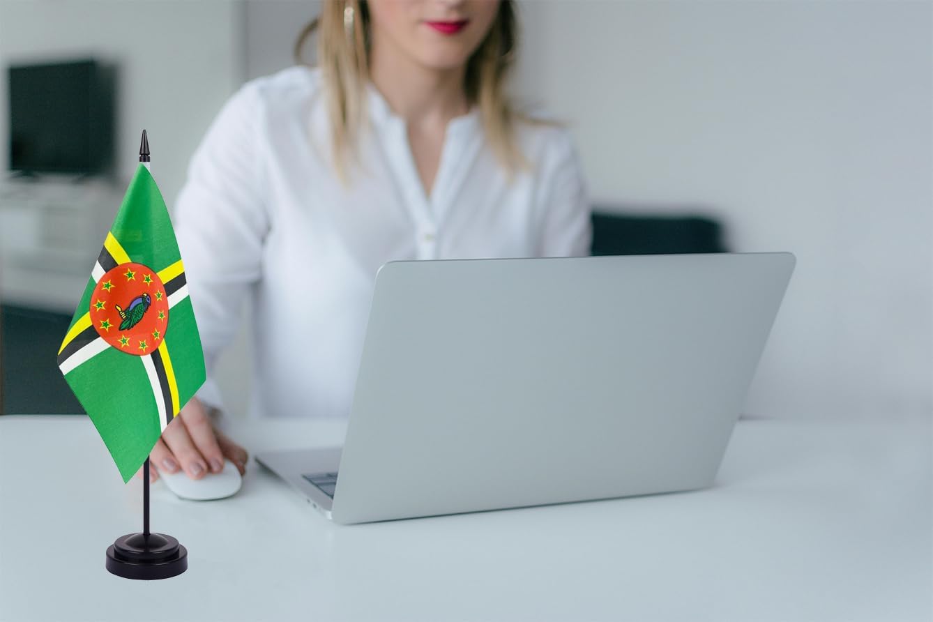 WXTWK 2 Pack Dominica Flag Dominica Deluxe Desk Flag Set - Mini Small Dominica Table Office Flags with Black 12" Solid Pole Stand Base Classroom Meeting Desktop Decorations