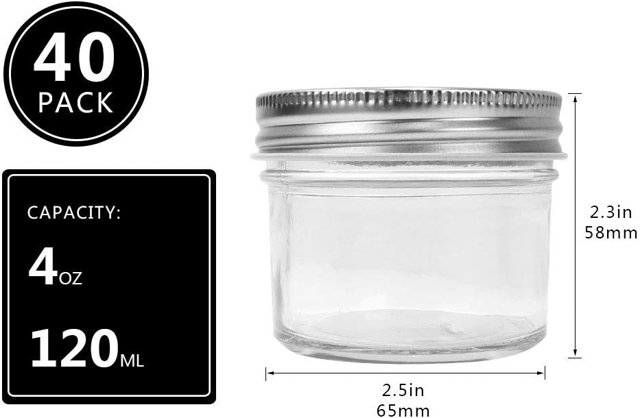 Betrome 4 oz Clear Glass Mason Jars with Silver Metal Lids, 40 Pack 113ml Round Canning & Jelly Jars Small Spice Jars for Herb,Jelly,Jams, for Kitchen Storage