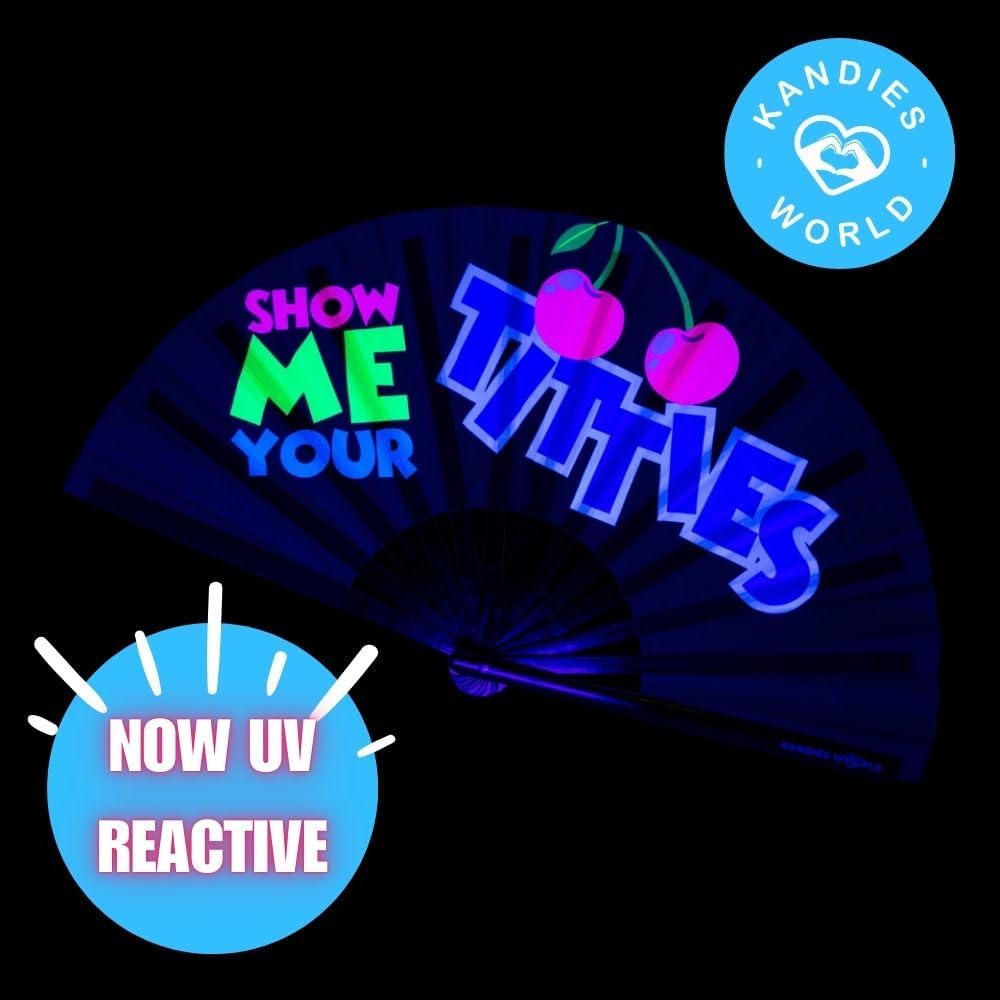 Kandies World UV Reactive Custom Festival Folding Hand Fan - Unique Designs, Made of Bamboo, Clacking Sound, Lightweight - Perfect Rave and Festival Accessory!