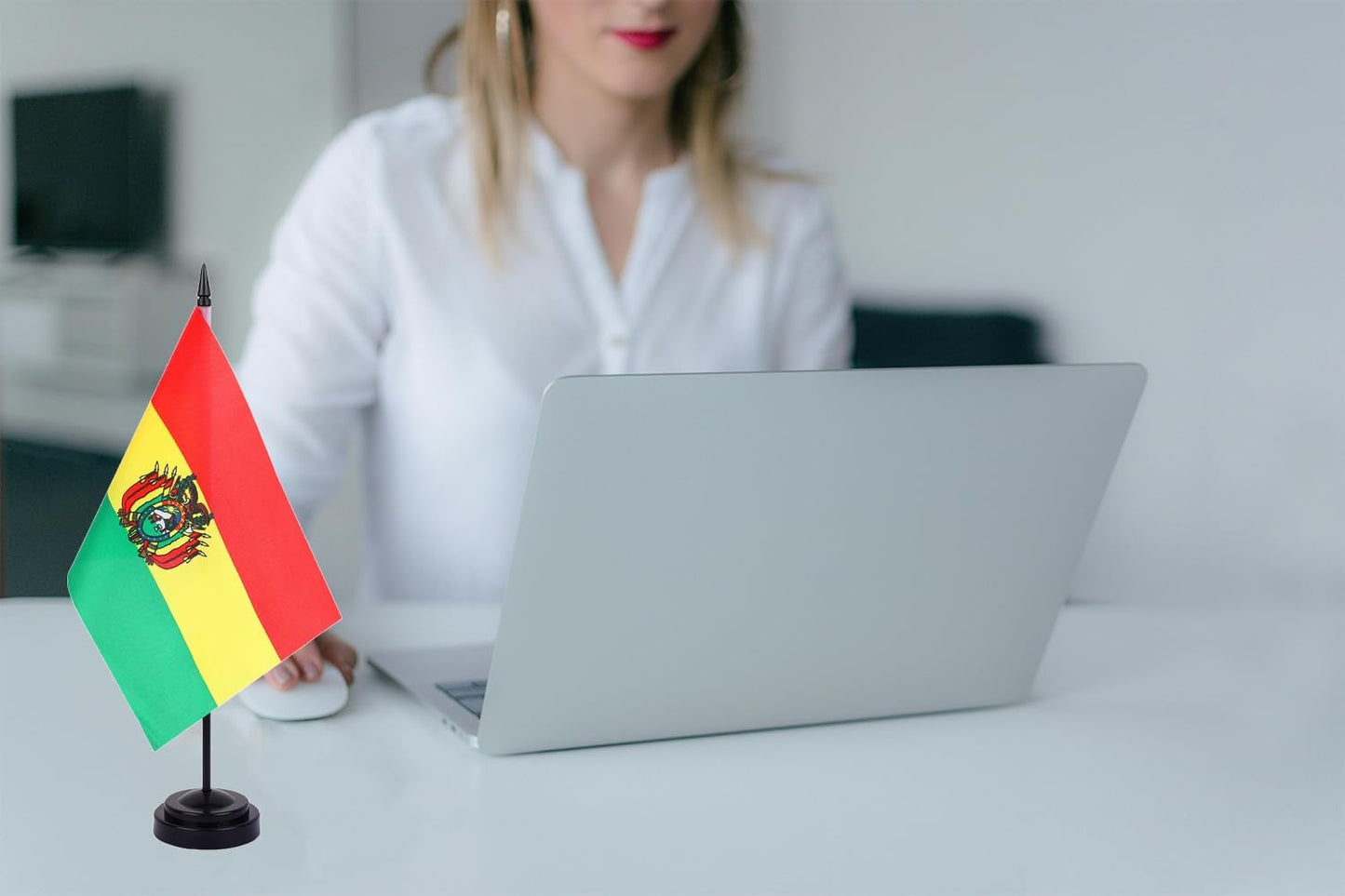 WXTWK 2 Pack Bolivia Flag Bolivia Deluxe Desk Flag Set - Mini Small Bolivian Table Office Flags with Black 12" Solid Pole Stand Base Classroom Meeting Desktop Decorations