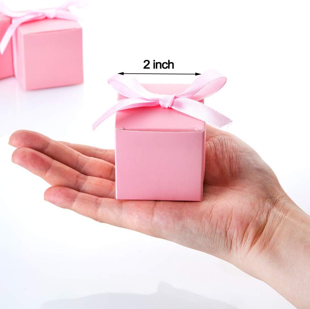 AWELL Pink Gift Candy Box Bulk 2x2x2 inches with Pink Ribbon Party Favor Box,Pack of 50