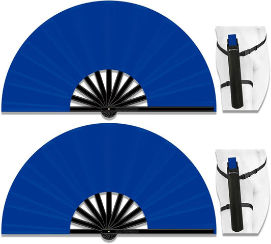 13" Large Folding Rave Fan with Holster, Clack Hand Fans Foldable for Line Dancing, Boots On The Ground Fan for Women Men Festival EDM Party Decoration, Blue 2 Pack