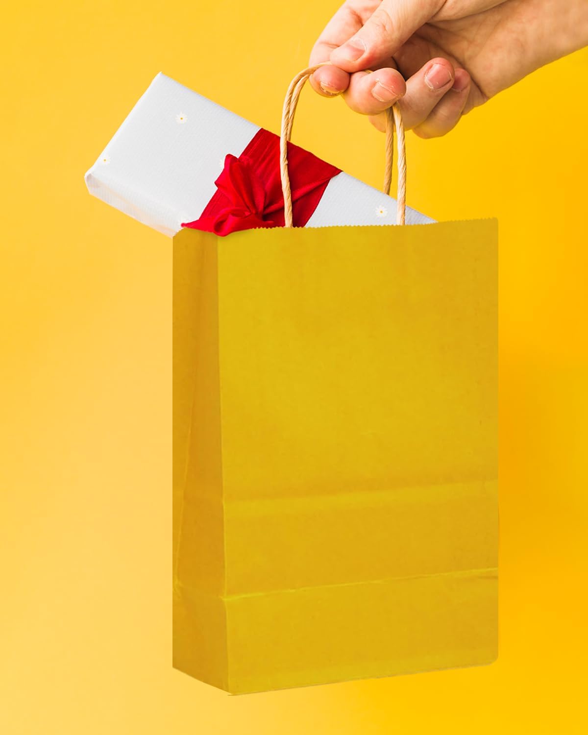 qiqee 24 Pcs Bright Yellow Mini Paper Gift Bags with Handles 6"x4.5"x2.5" Small Brown Kraft Party Favor Bags Multiple Uses (Mini size)