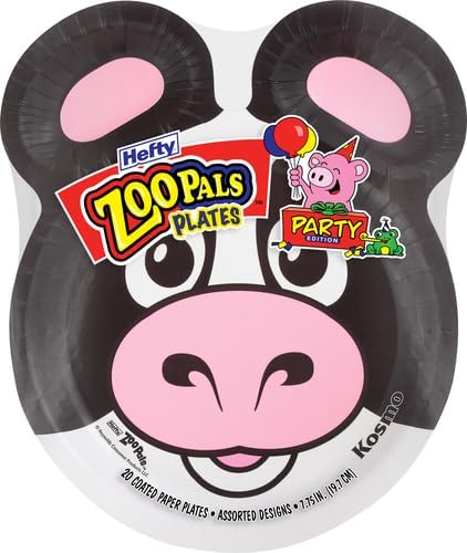 Hefty Zoo Pals Party Edition Paper Plates for Kids, Assorted Animal Designs, 7.75 Inches with Two Dipping Compartments, 20 Count (Pack of 2)